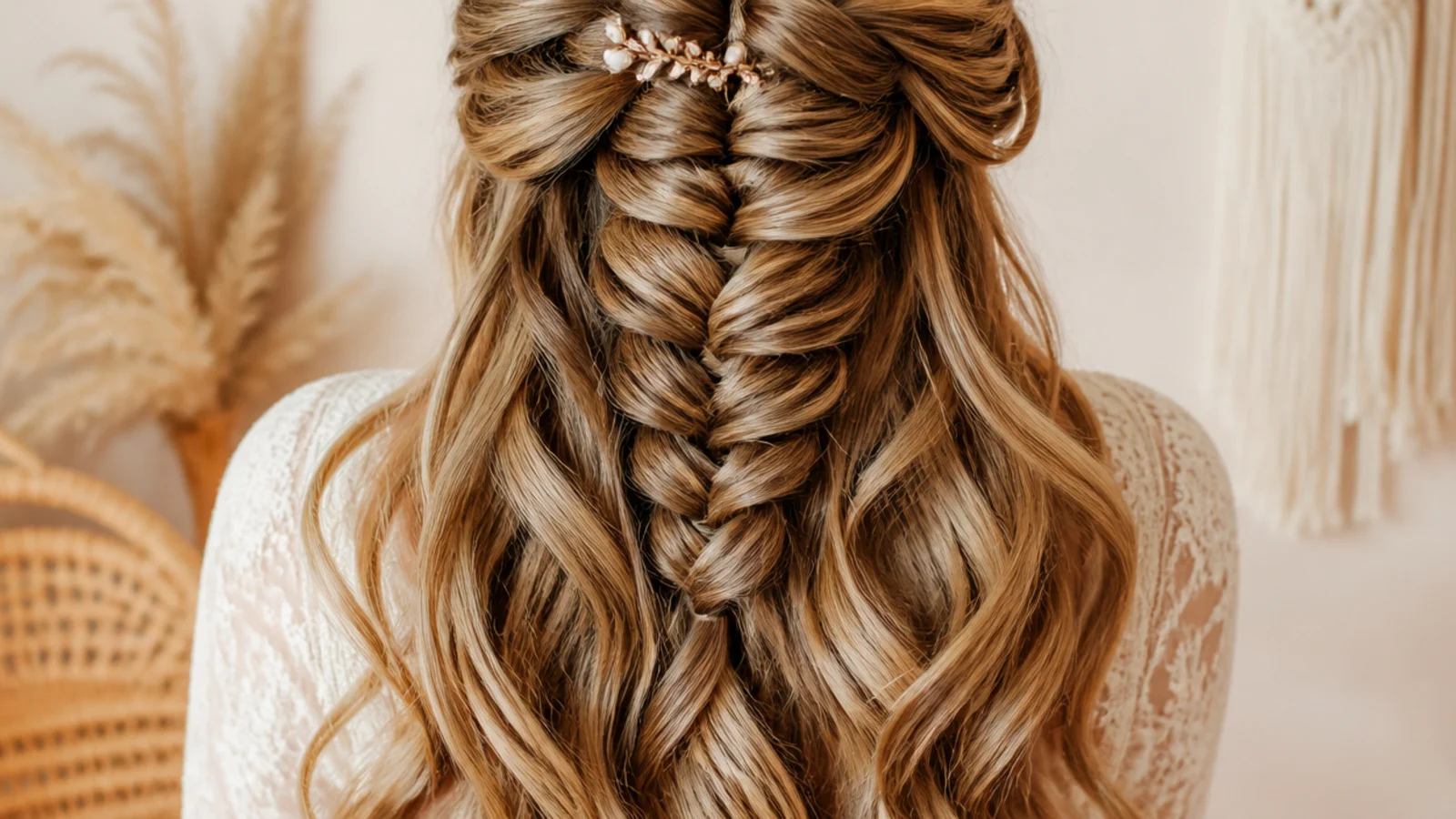 A very long wavy fishtail braid reaching the hip
