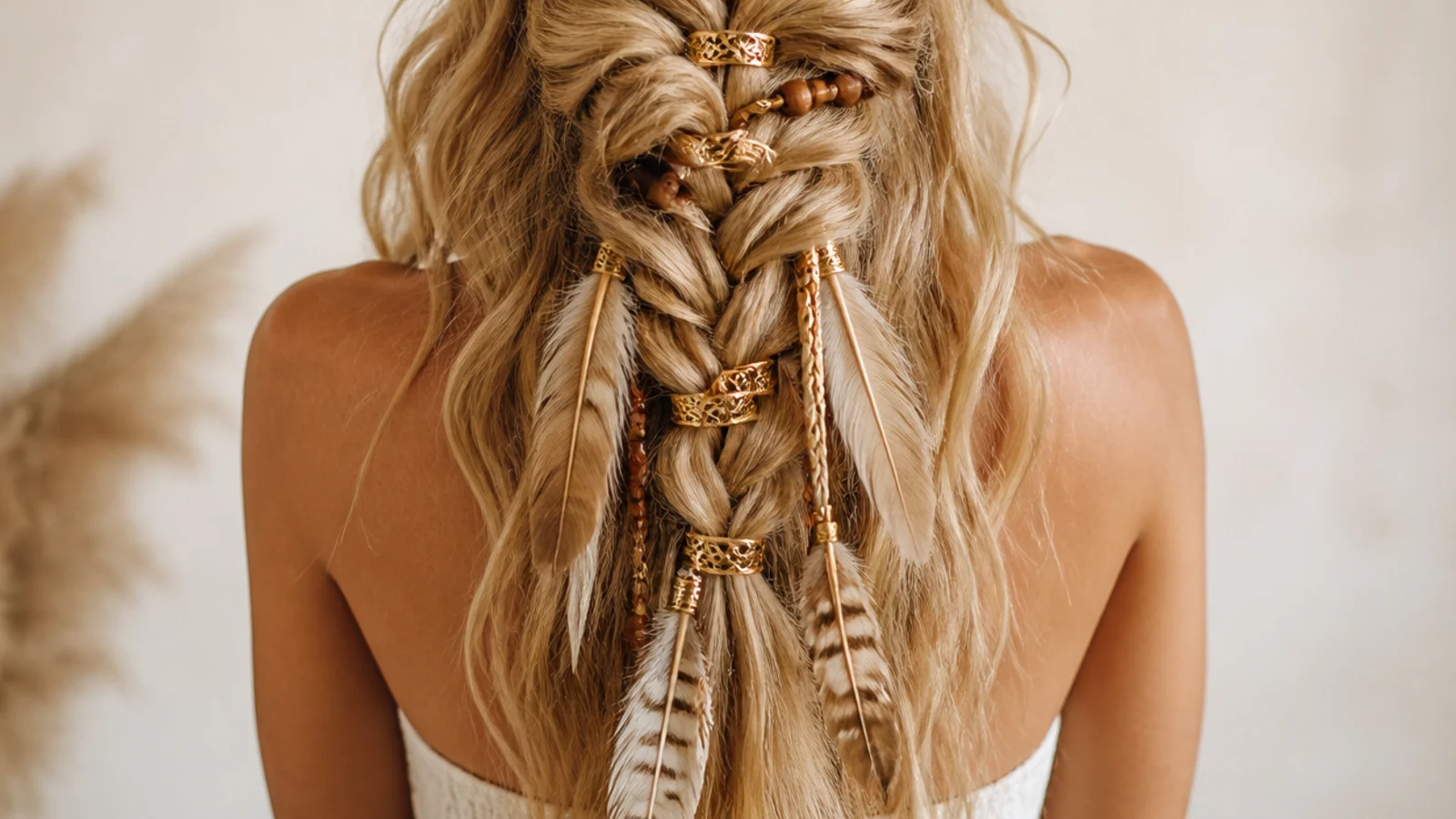 Long boho braids finished with wooden beads and small feathers