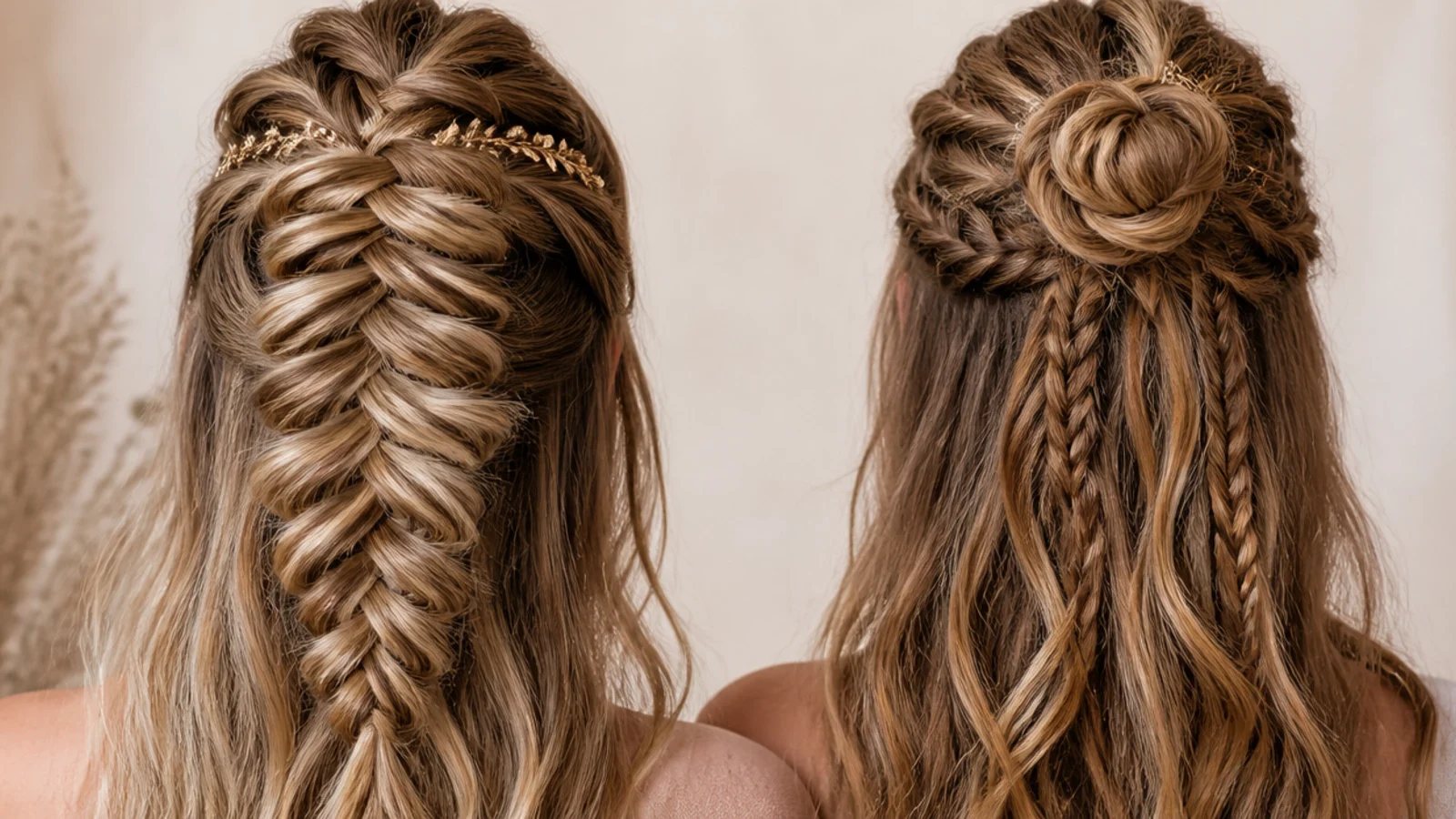 A half up fishtail and half up boho braids shown together