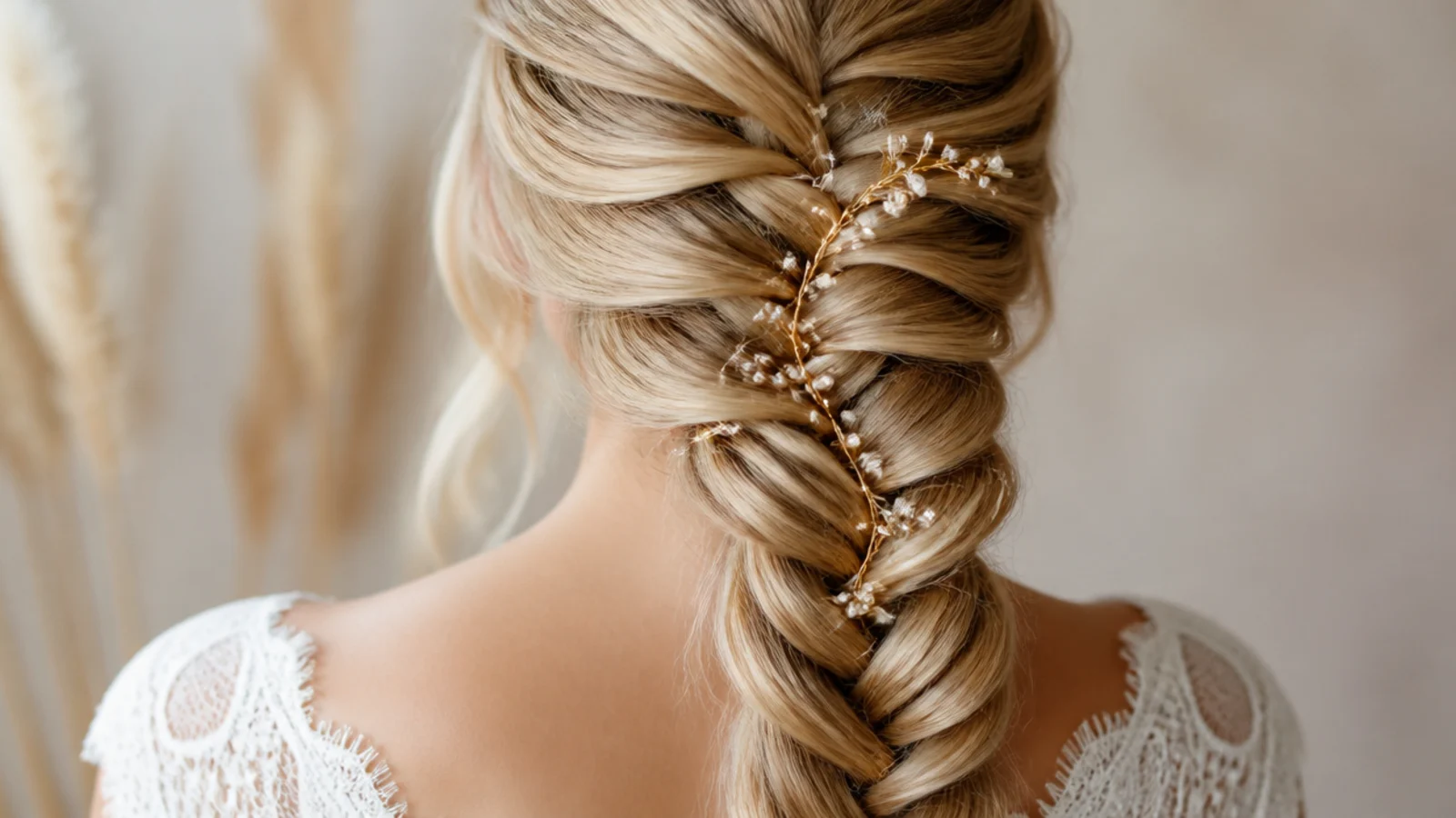 Braided hair swept over one shoulder against a rounded face shape