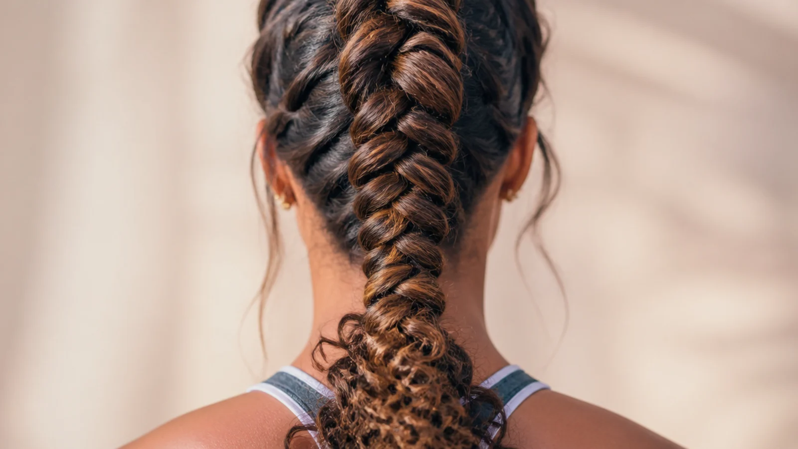 Braided hair gathered into a high ponytail for exercise
