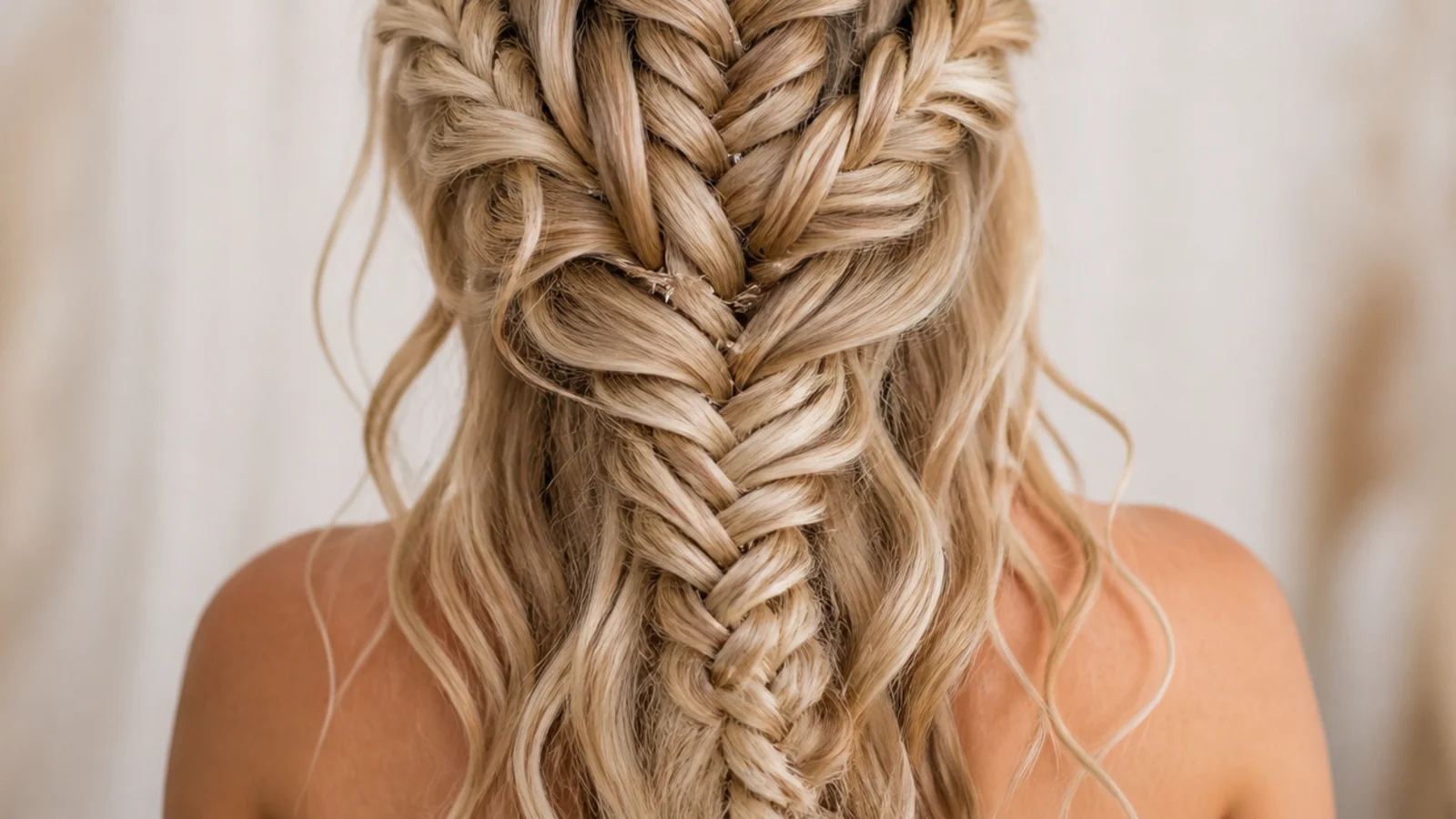 A waterfall braid with loose strands falling through it photographed by the sea