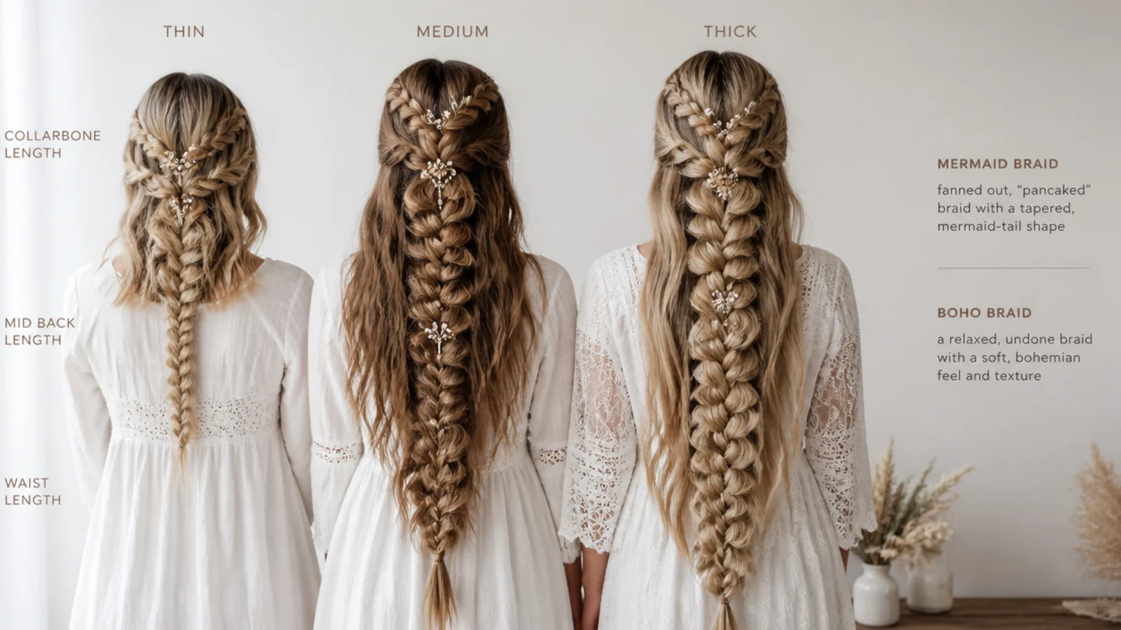 A pancaked braid and a set of long boho braids compared for length against the same back