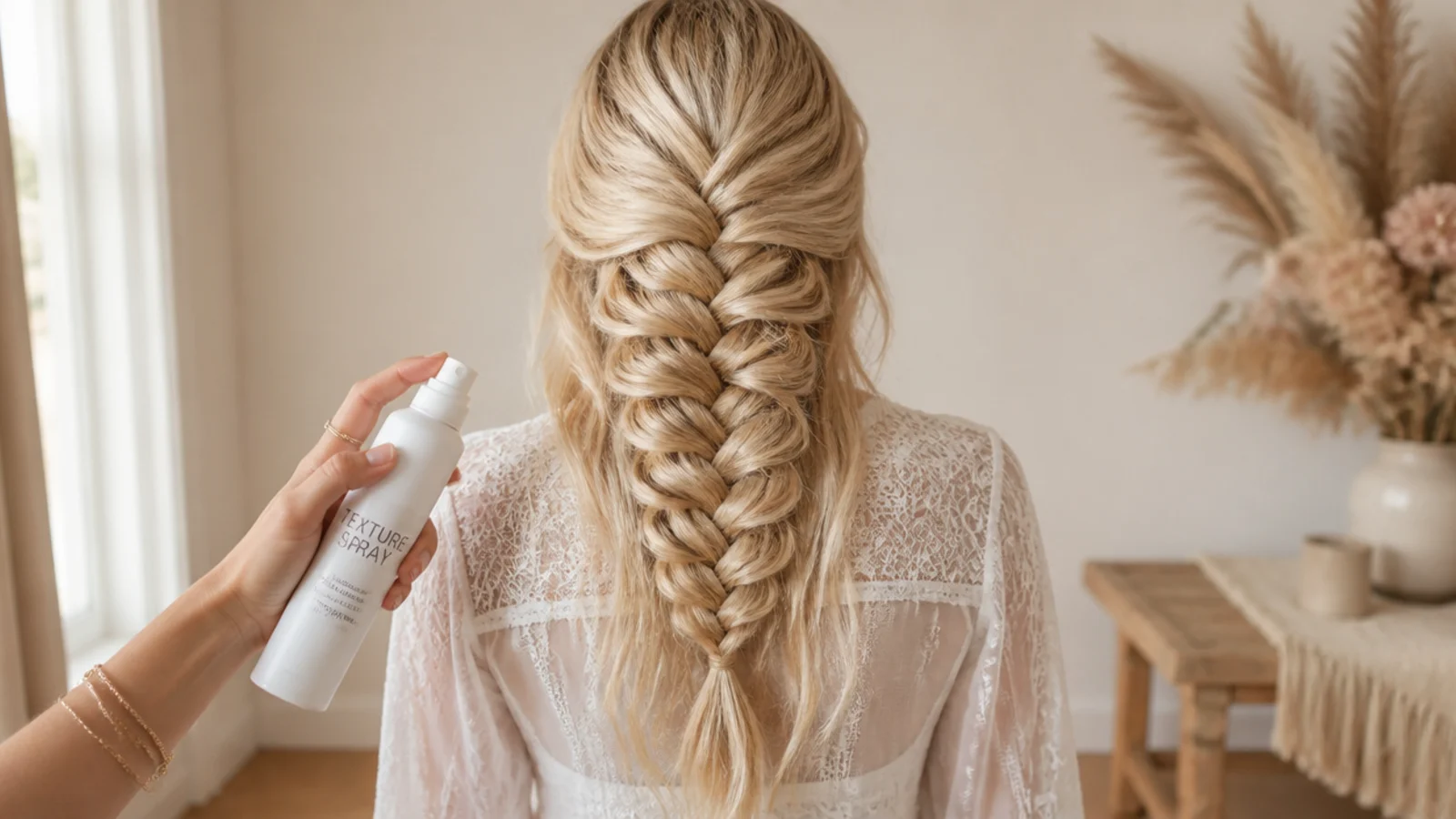 Fine straight hair being prepped with texture spray beside a small braided section