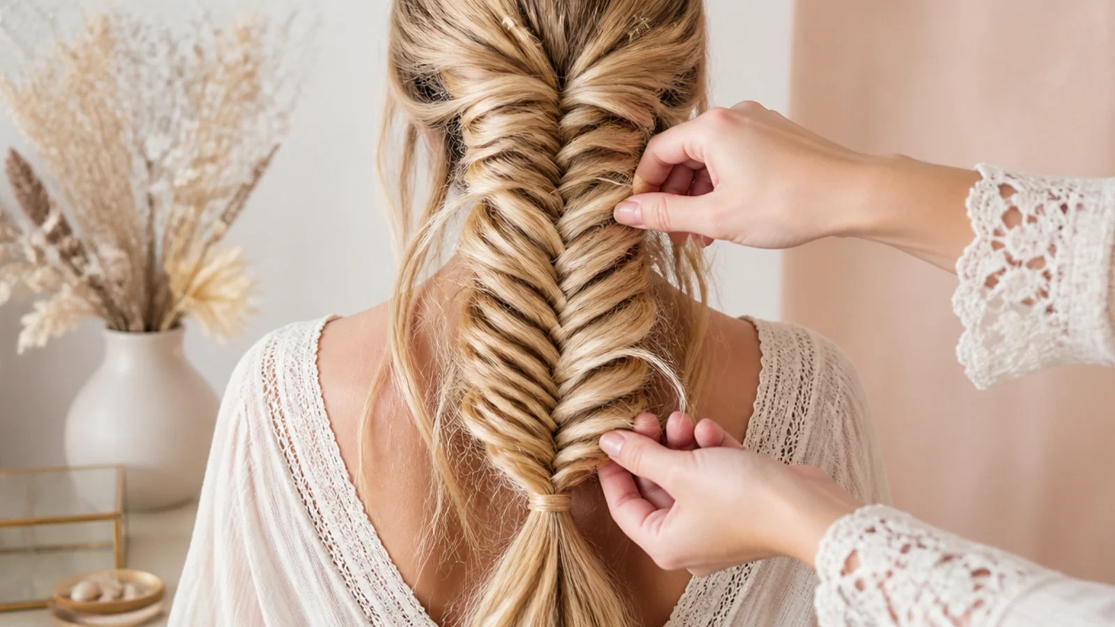 Fingertips widening the edge of a finished fishtail braid