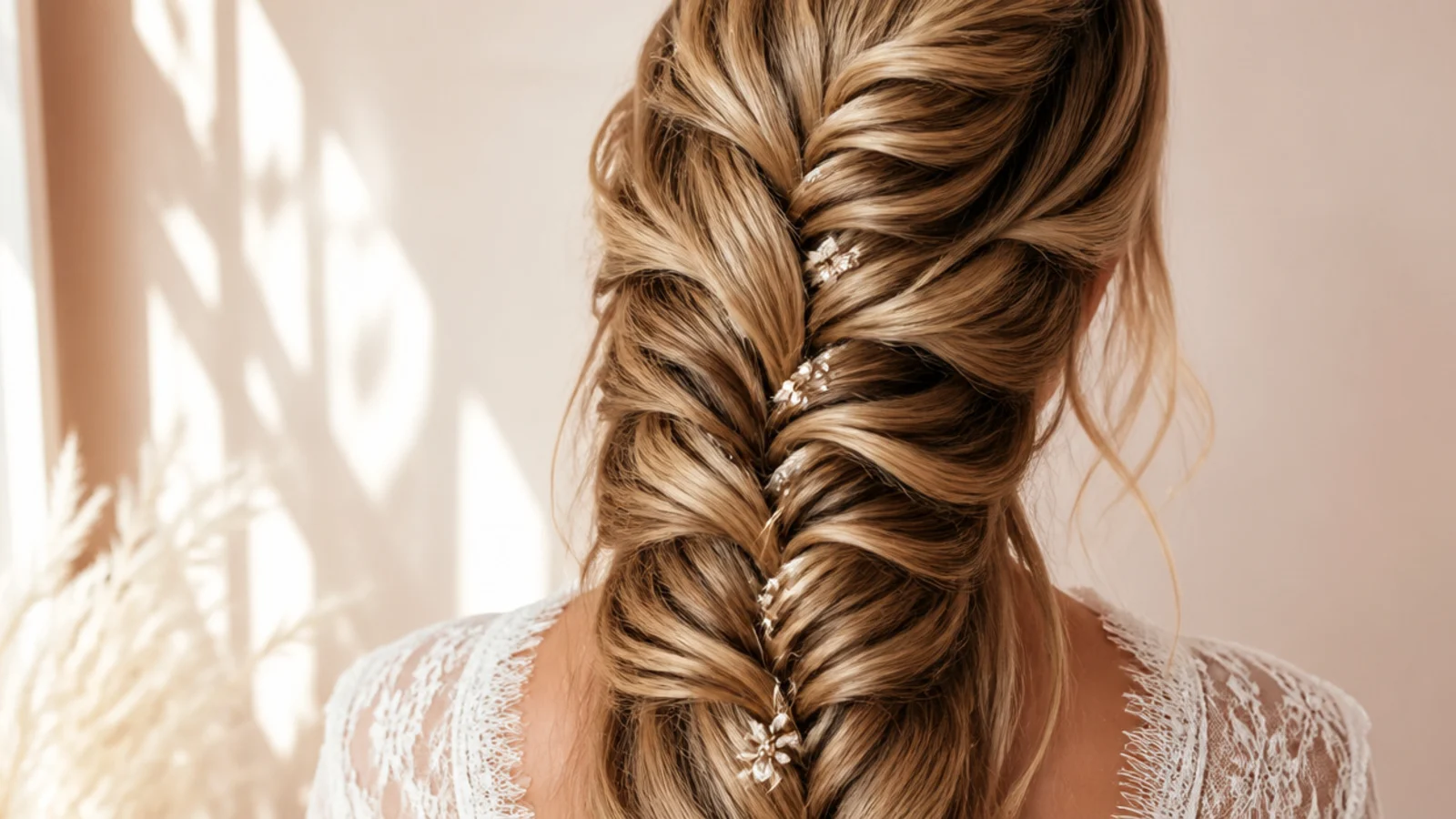 A fishtail braid worked from a deep parting across one side of the head
