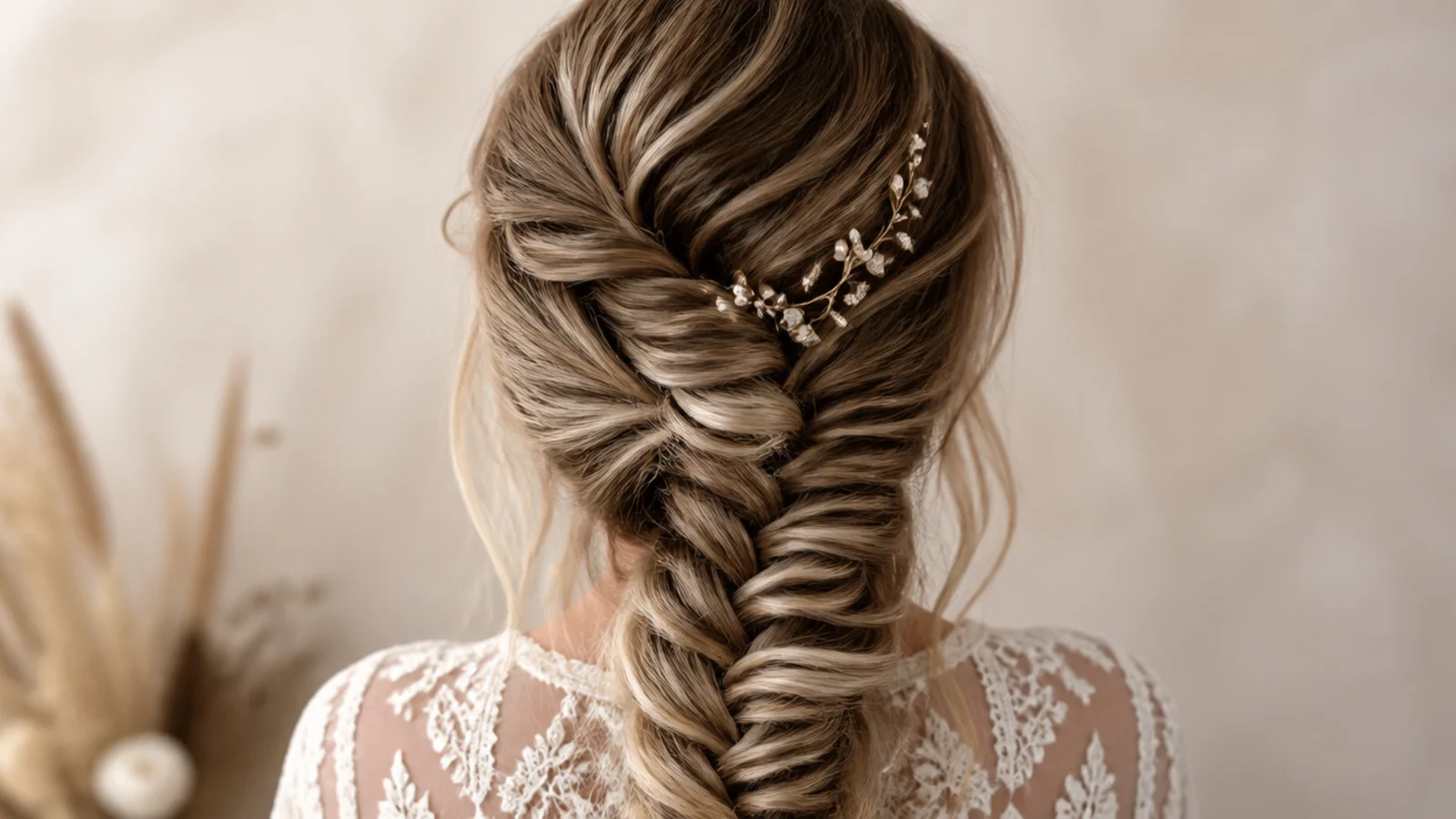 A side braid angled steeply across the head against a rounded face shape