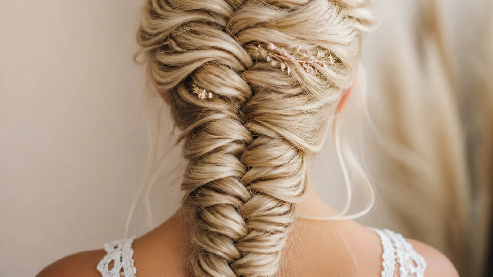 A carefully widened fishtail braid on fine light coloured hair