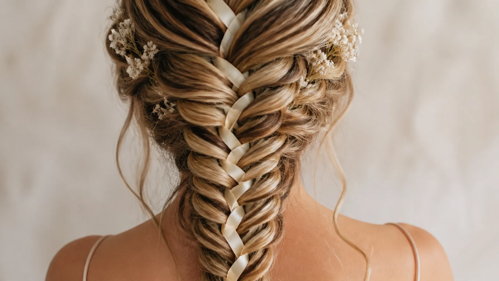 A thin ribbon woven through the crossings of a side braid