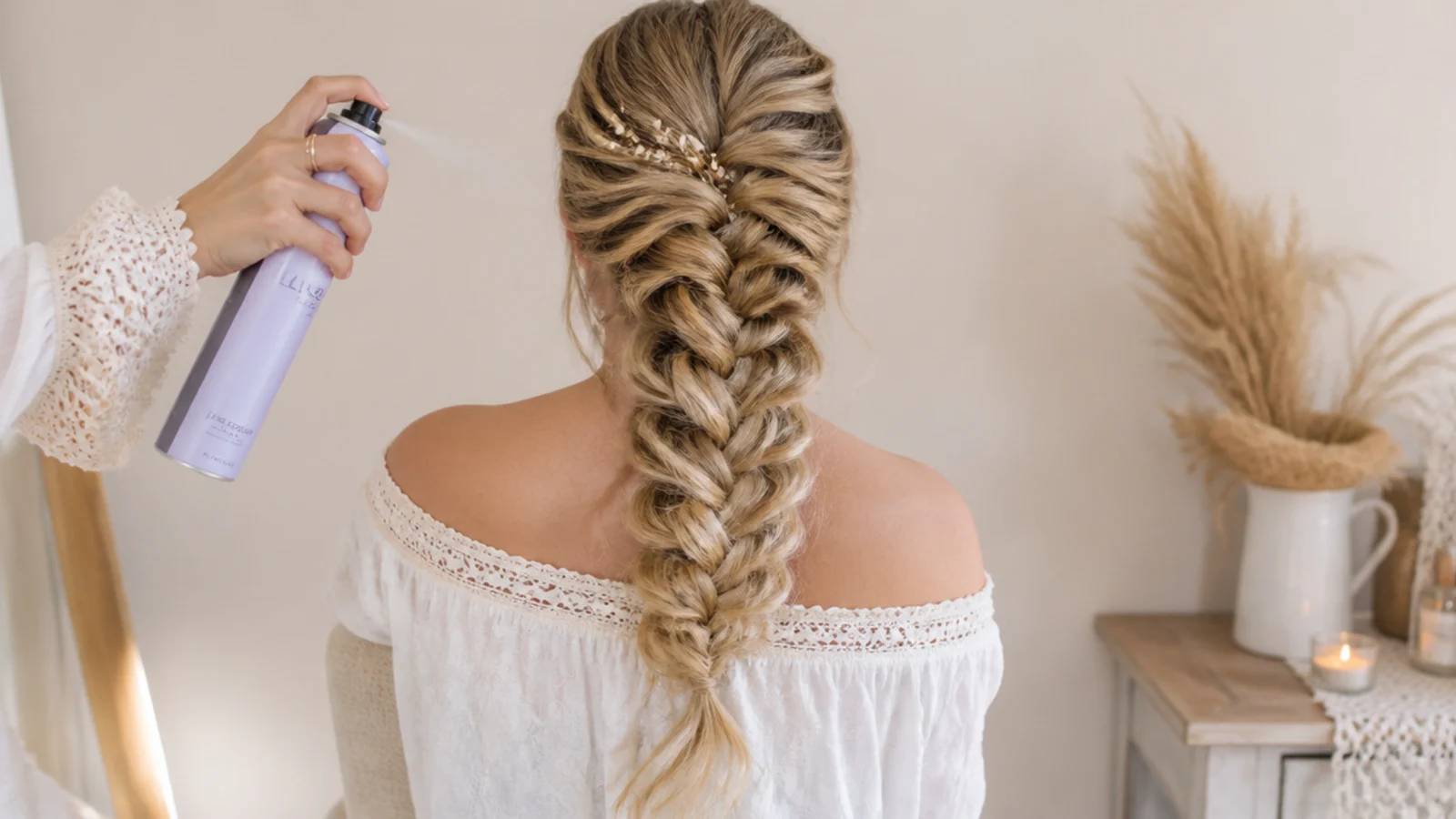 Texture spray applied to fine hair at the side of the head before braiding