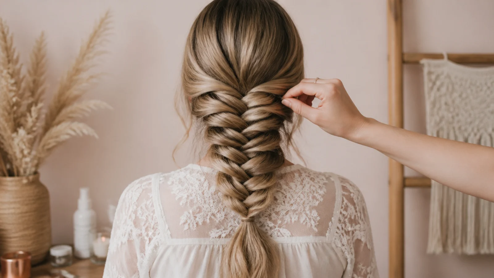Fingers tugging the outer loops of a side braid to widen it