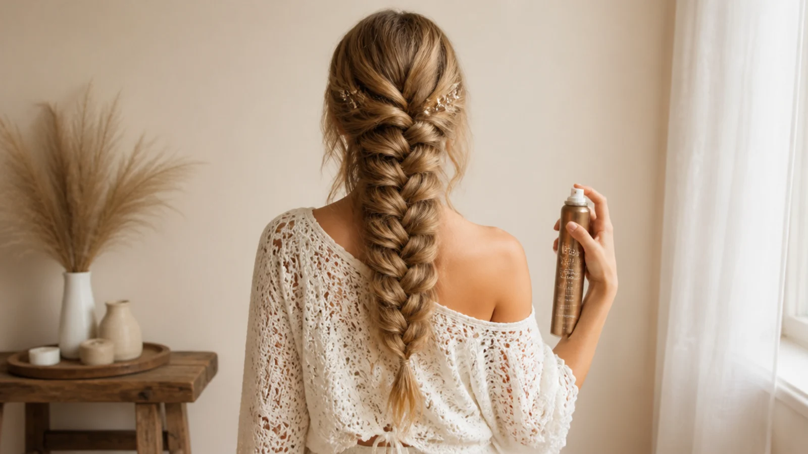 A side braid at the end of the day with the width partly flattened at the shoulder