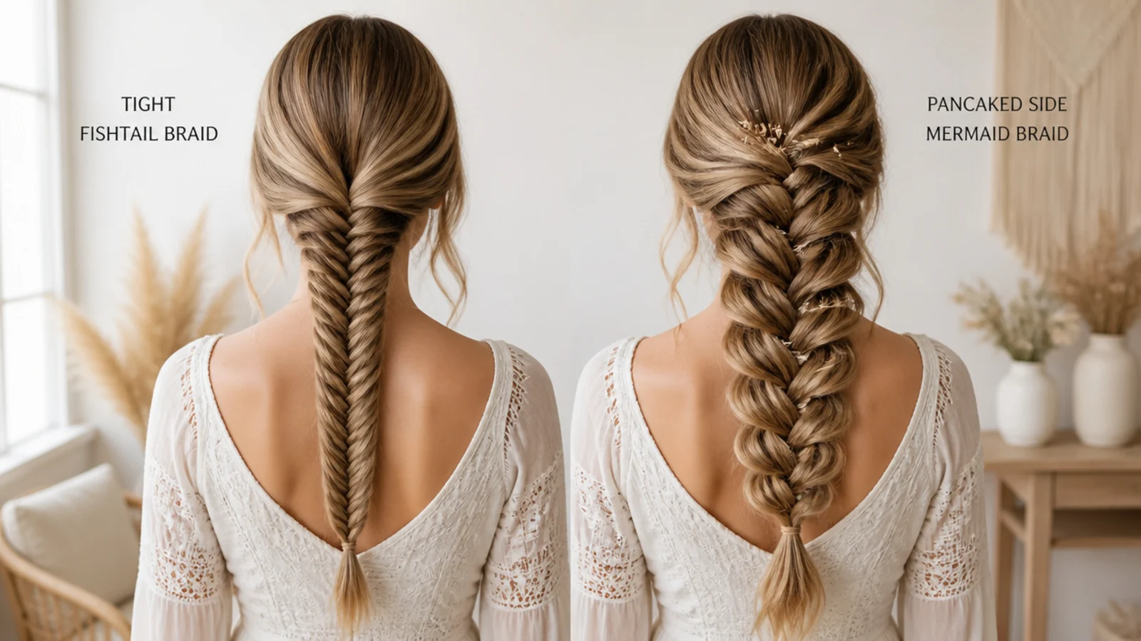 Close view of the crossings in a fishtail braid resting against a collarbone
