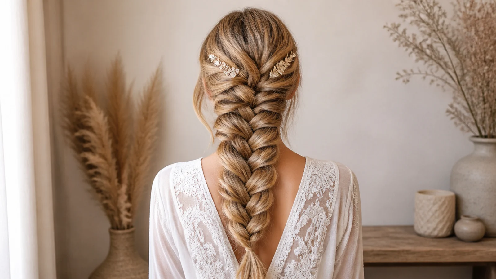 A deep side parting combed into damp hair before braiding