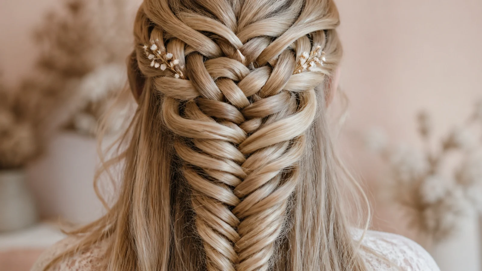 A fishtail waterfall braid running across the back of the head