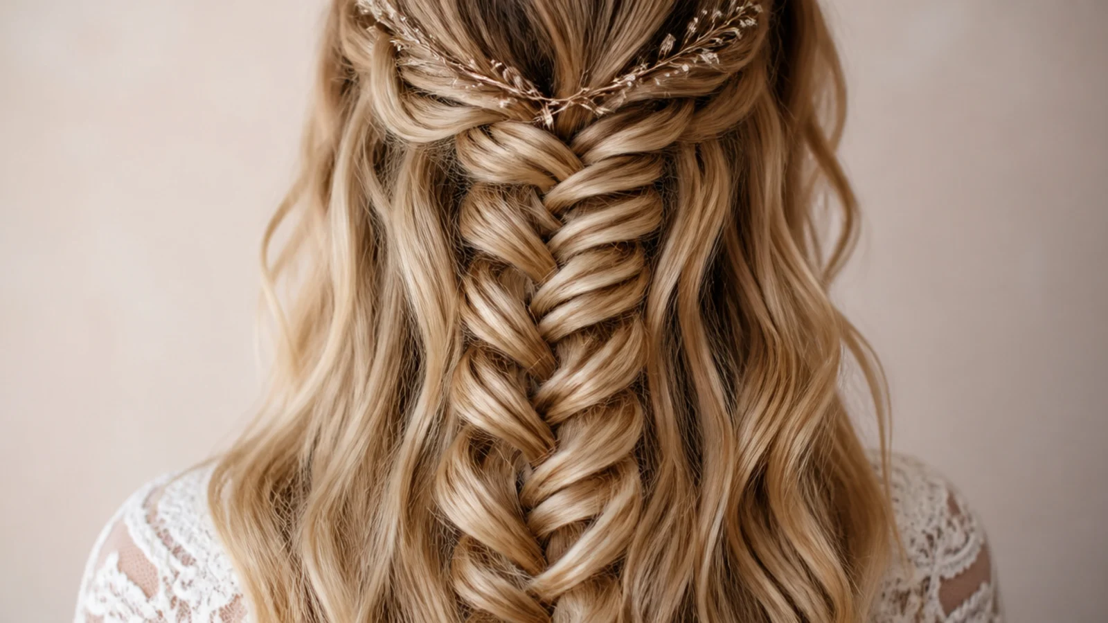A half up style with a waterfall braid replacing the tie
