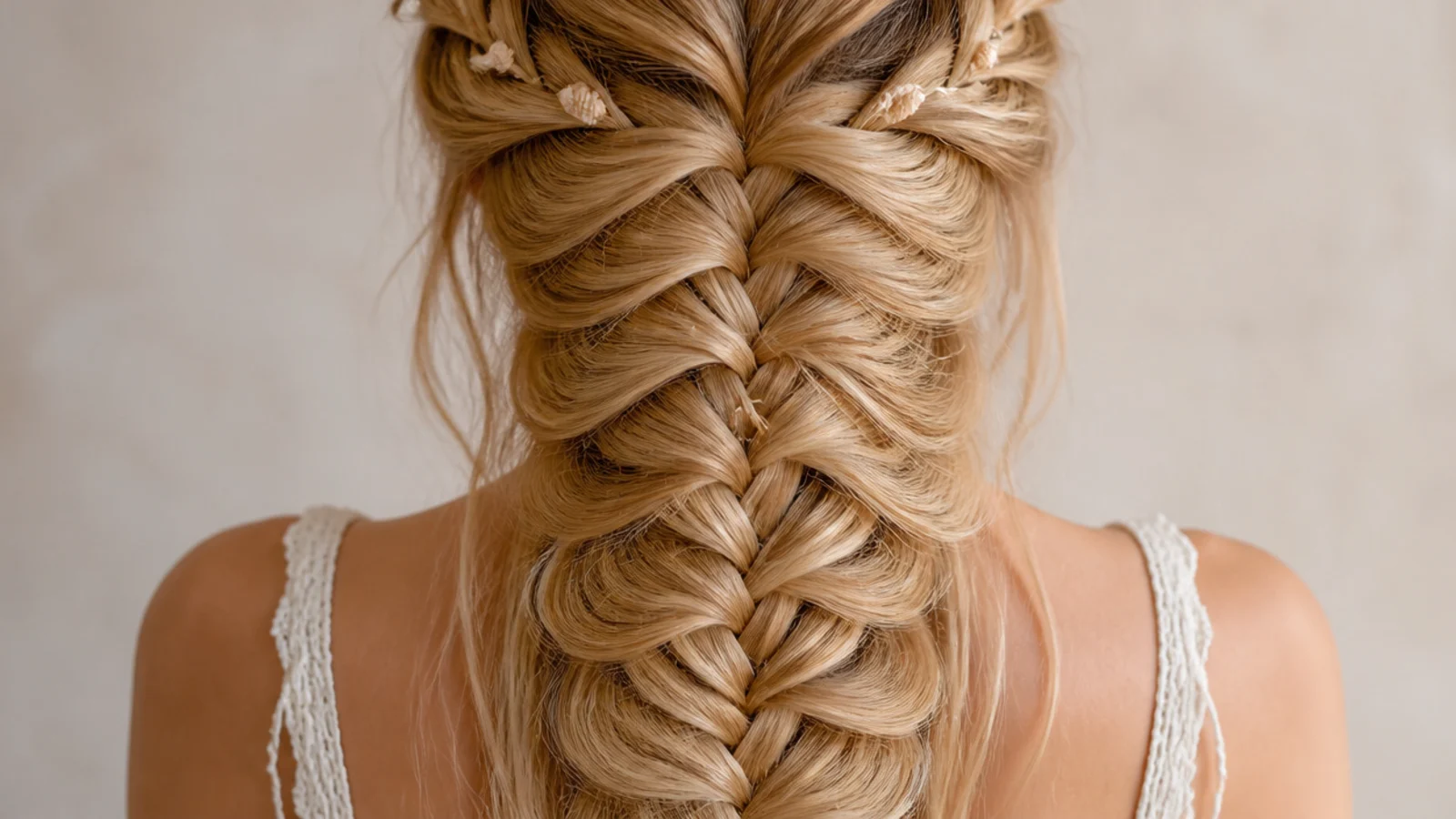 A widened waterfall braid on thin light hair