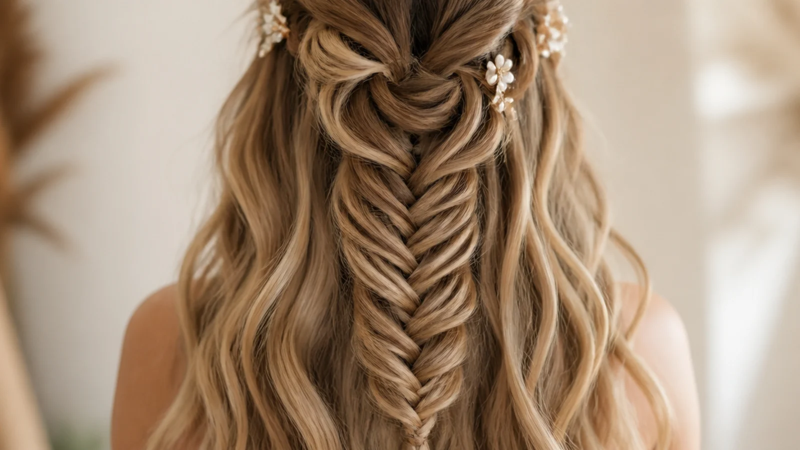 A waterfall braid set over loosely waved hair