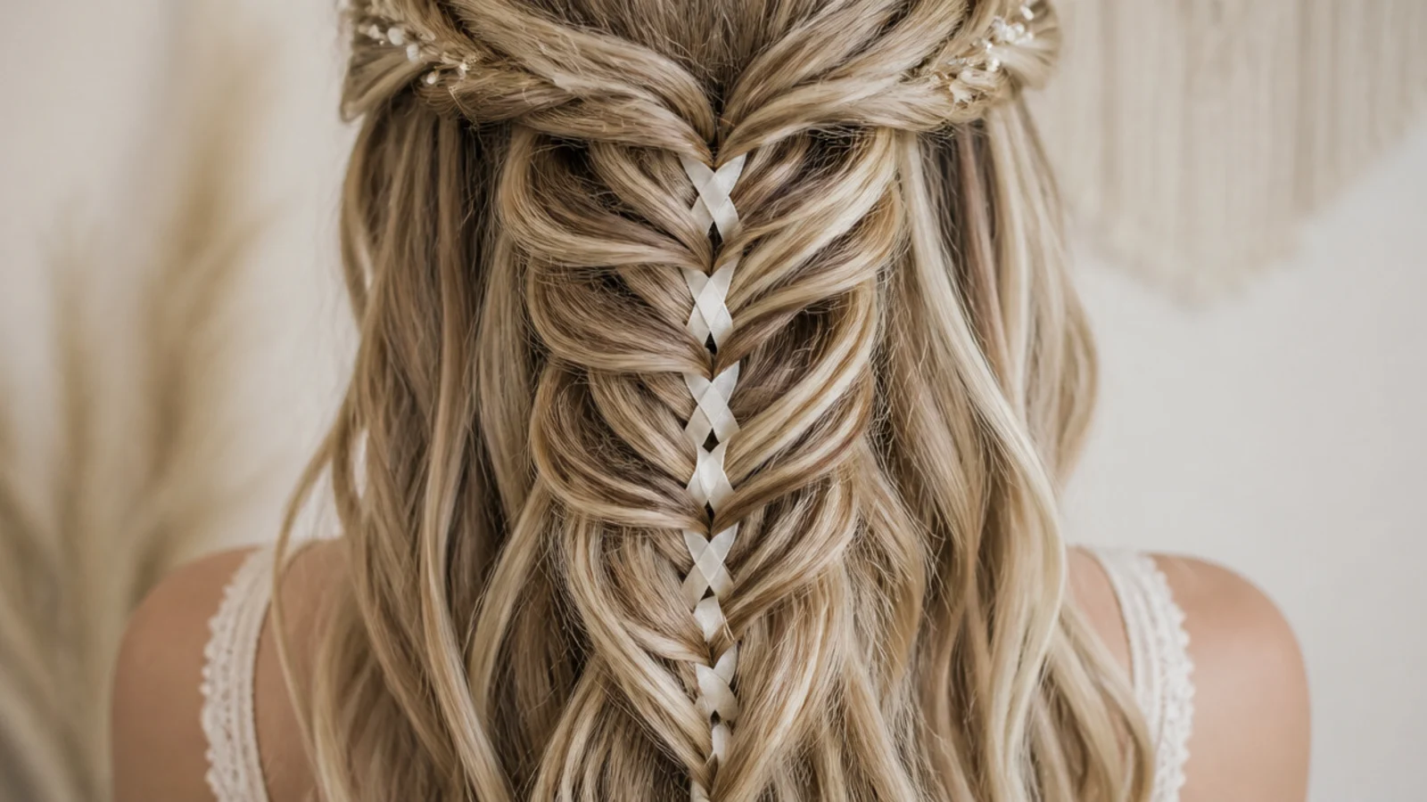 A thin ribbon woven along the upper edge of a waterfall braid