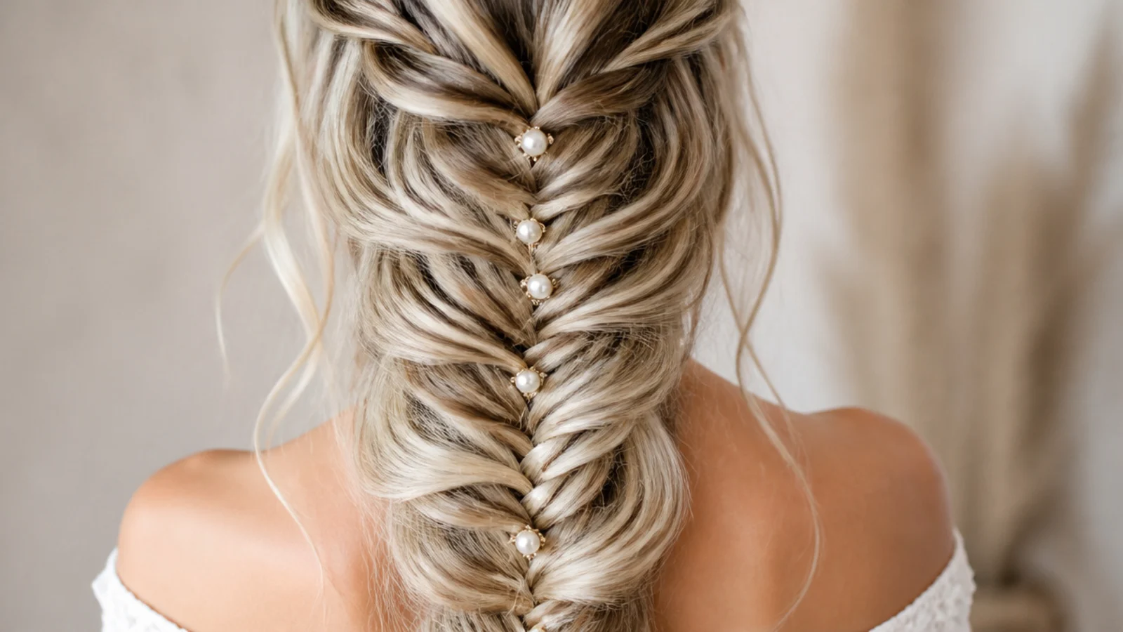 Small pearl pins set along the length of a waterfall braid