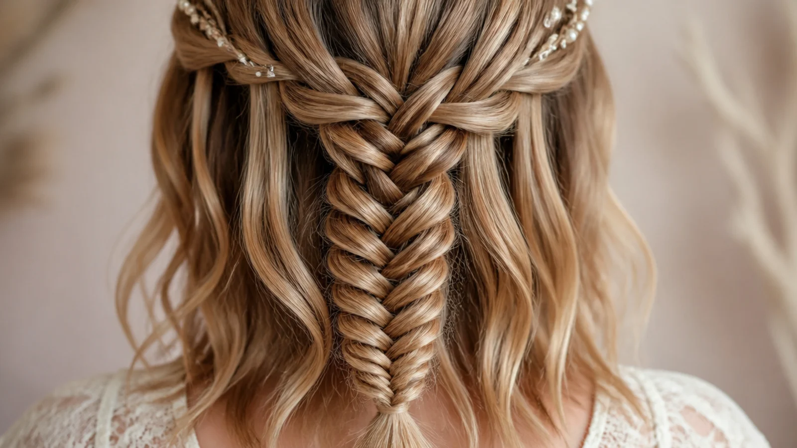 A waterfall braid on hair that ends at the shoulders