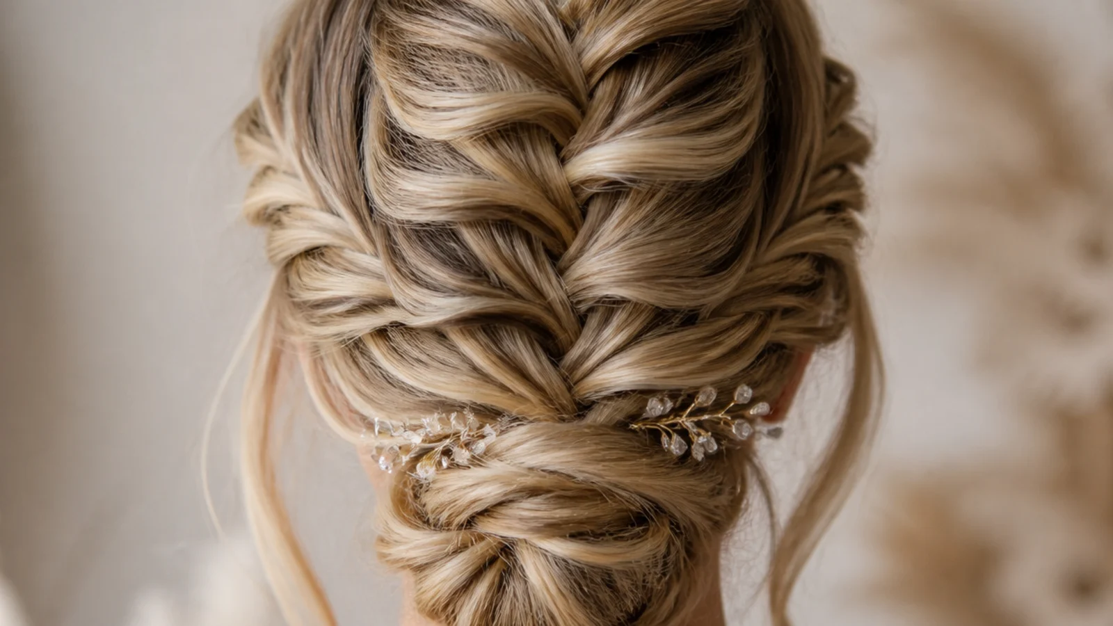 A waterfall braid above a low coiled bun