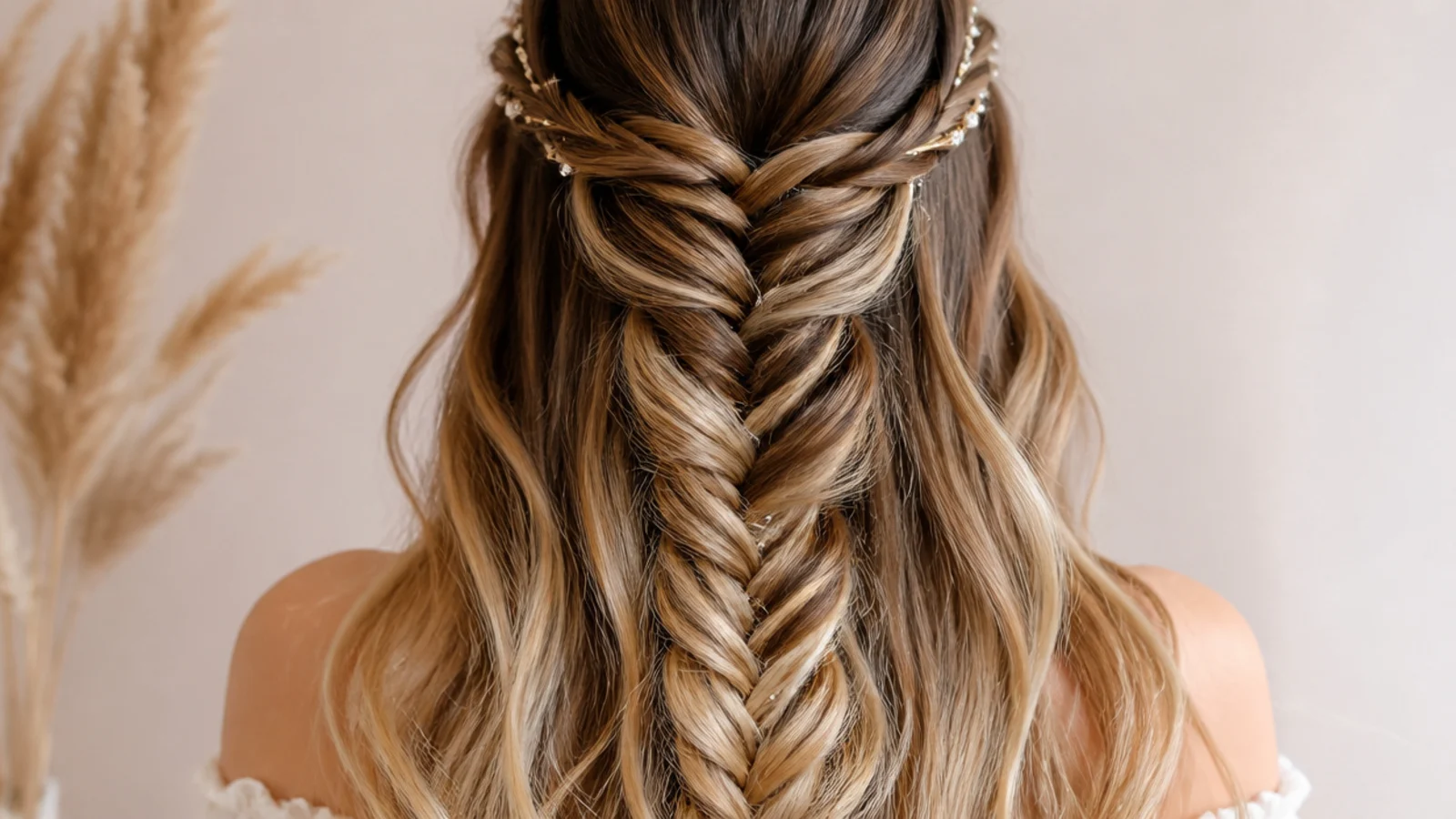 A waterfall braid on balayage hair with light and dark pieces crossing