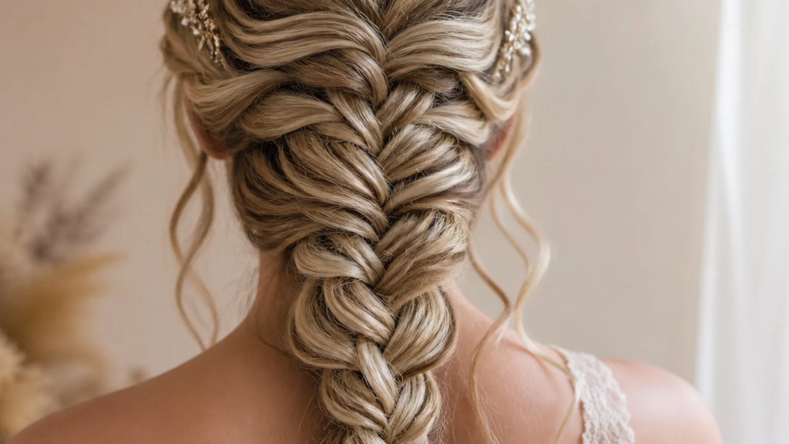 Loose tendrils at the temples in front of a waterfall braid