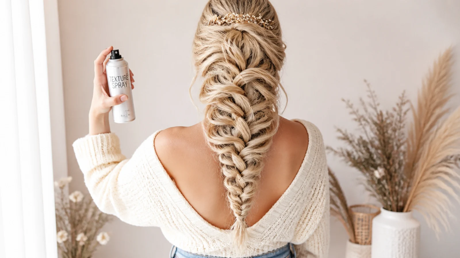 Fine hair being textured with spray before a waterfall braid is started