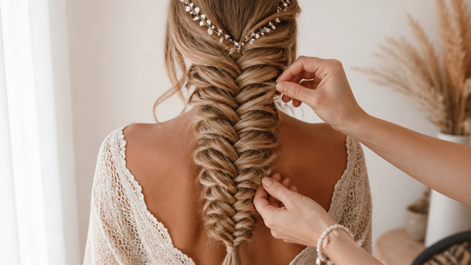 Fingertips widening the upper edge of a waterfall braid