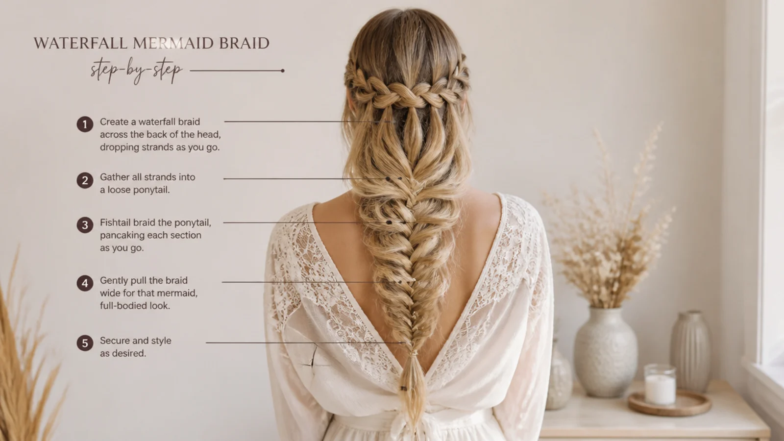 Close view of a waterfall braid showing where each strand is released