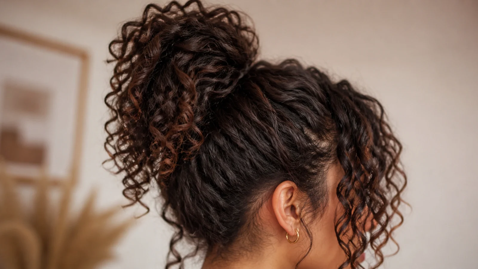 Springy curls gathered high on the crown in a loose pineapple