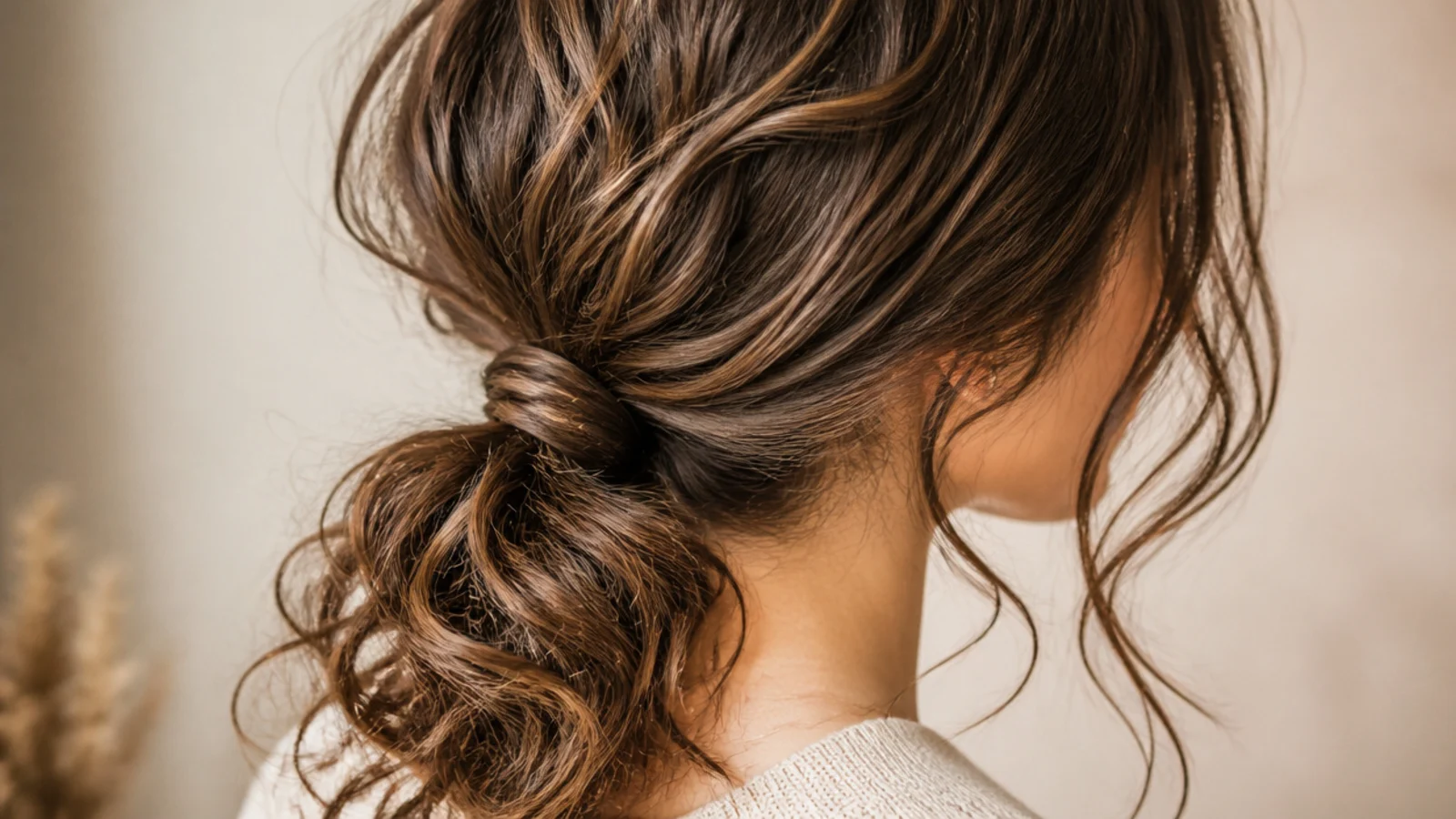 A soft low ponytail sitting at the nape on loose curls