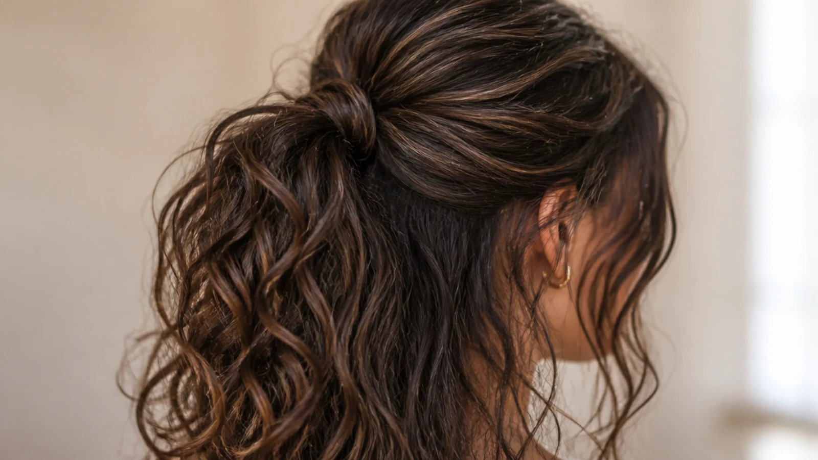 A half up ponytail on wavy hair with the length left down
