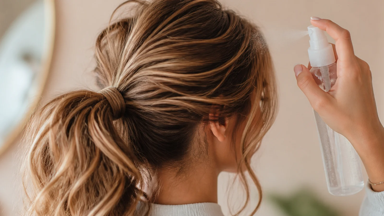 A spray bottle misting a curly ponytail at the mid lengths