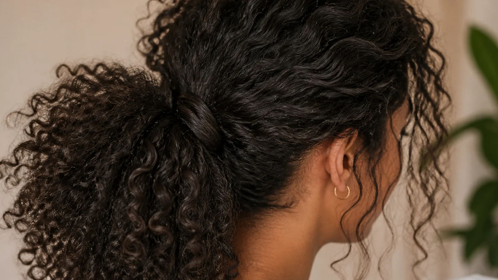 A bungee cord hooked into the base of a thick curly ponytail