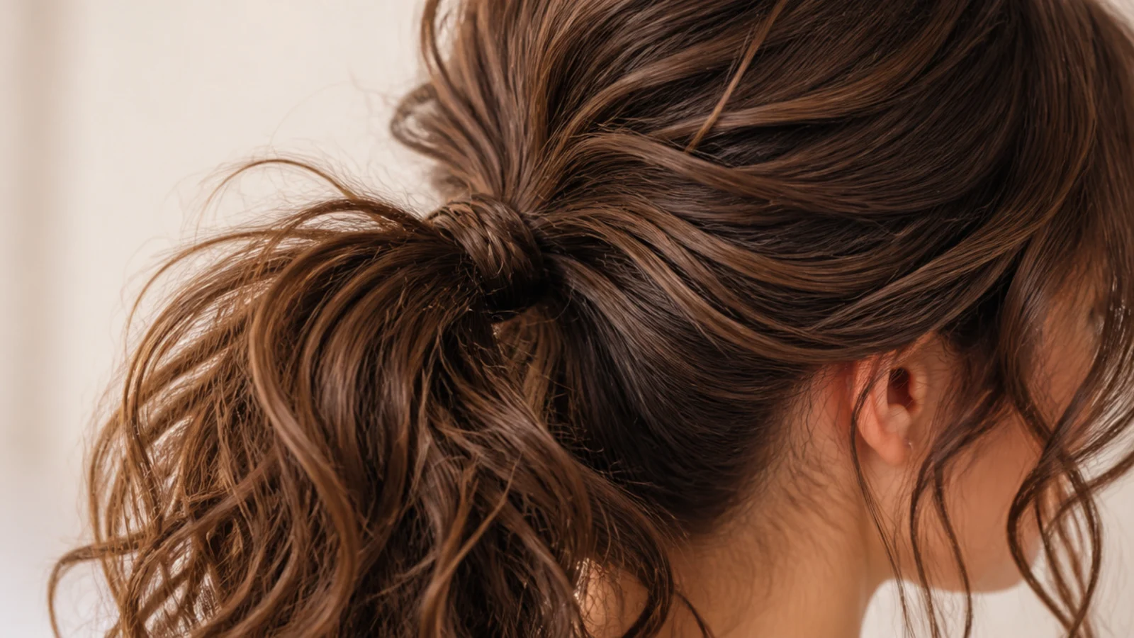A strand of hair wound around the base of a ponytail to hide the band