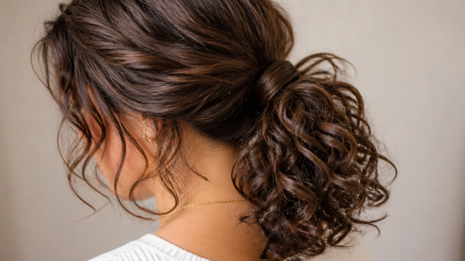 Curls swept to one side and gathered low over the shoulder