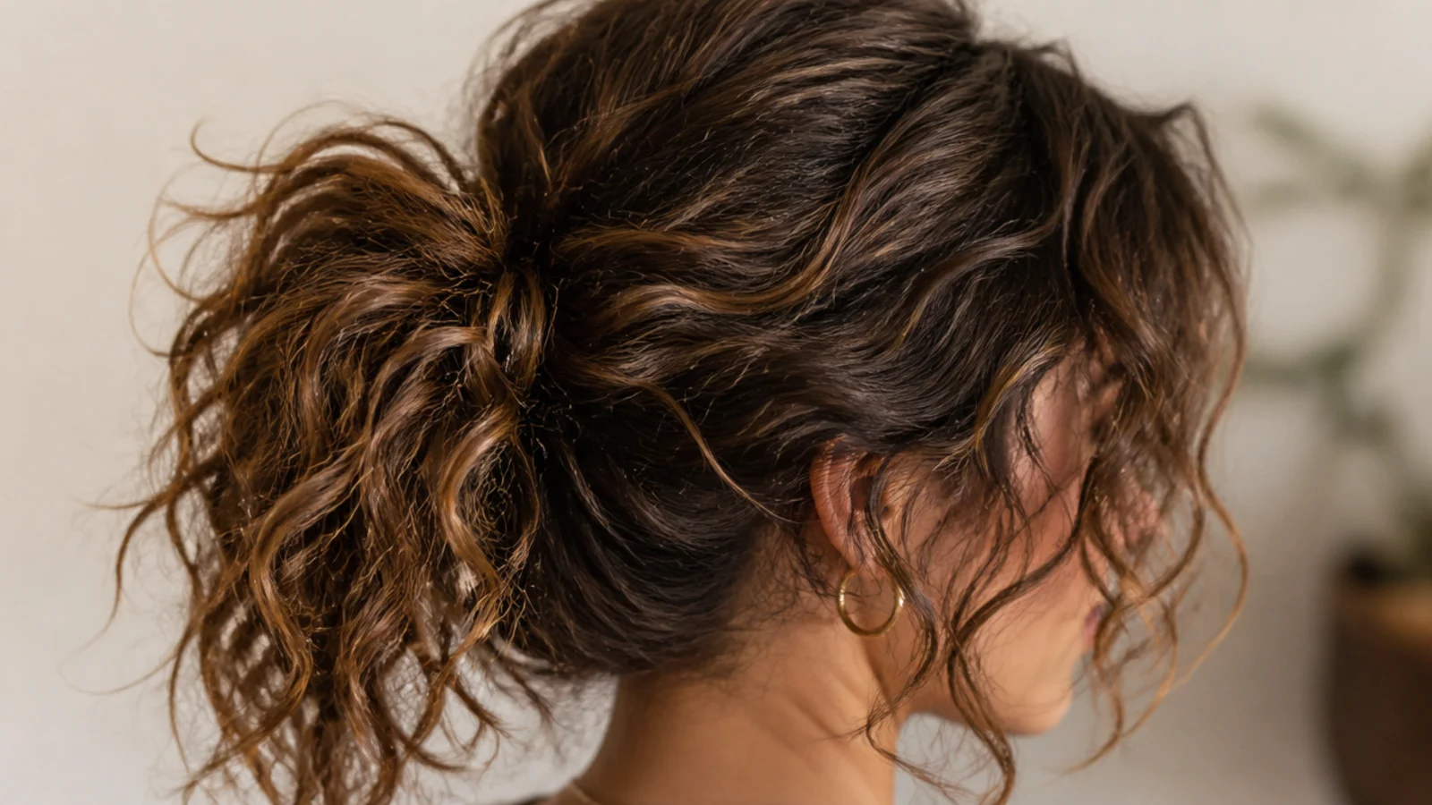 Curtain bangs falling in front of a gathered curly ponytail