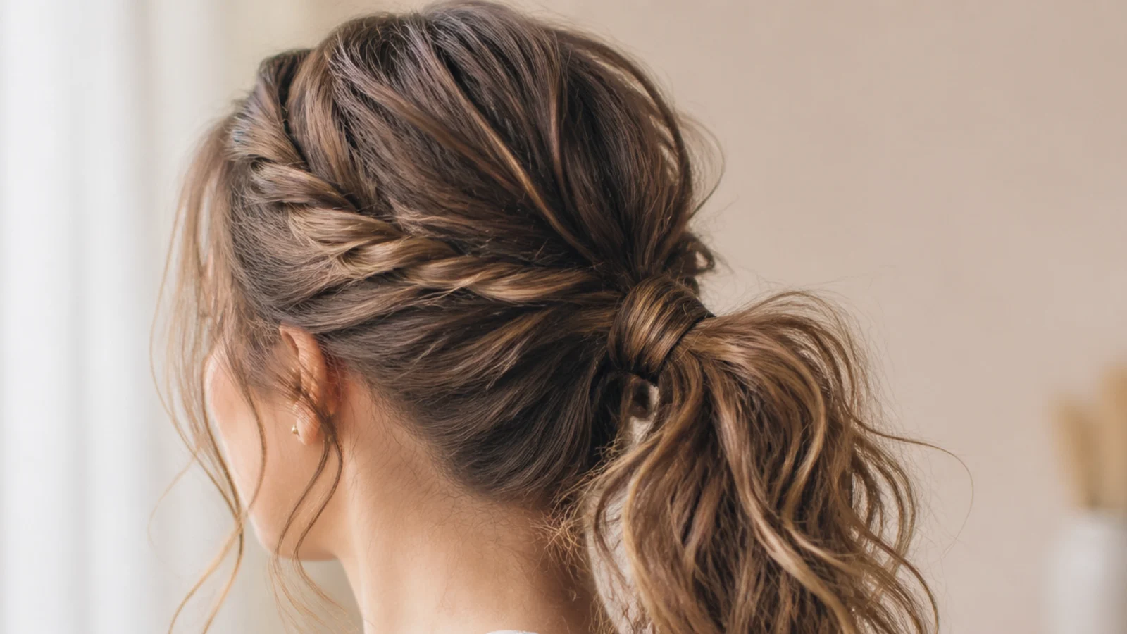 Twisted front sections leading back into a wavy ponytail