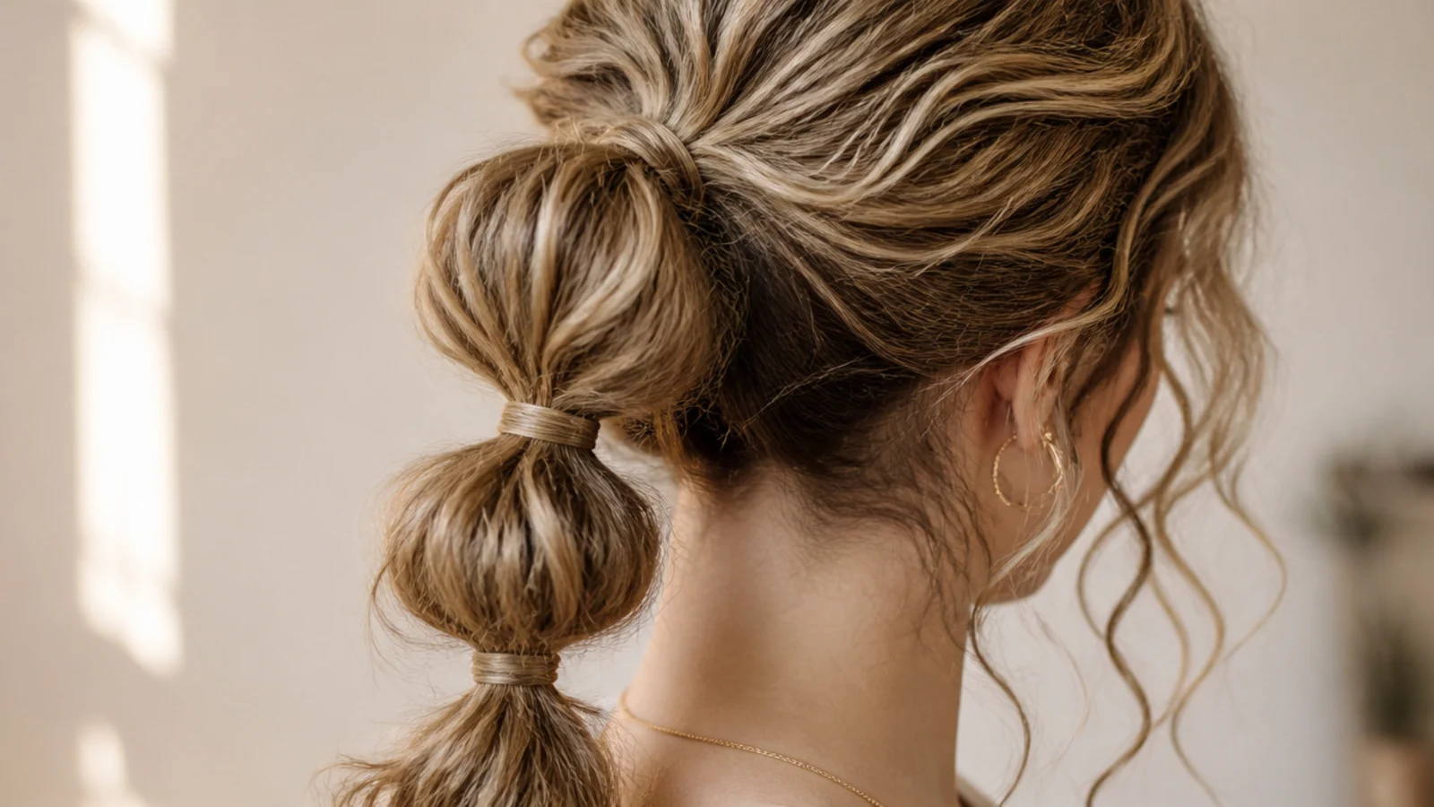 A ponytail divided into sections by evenly spaced elastics