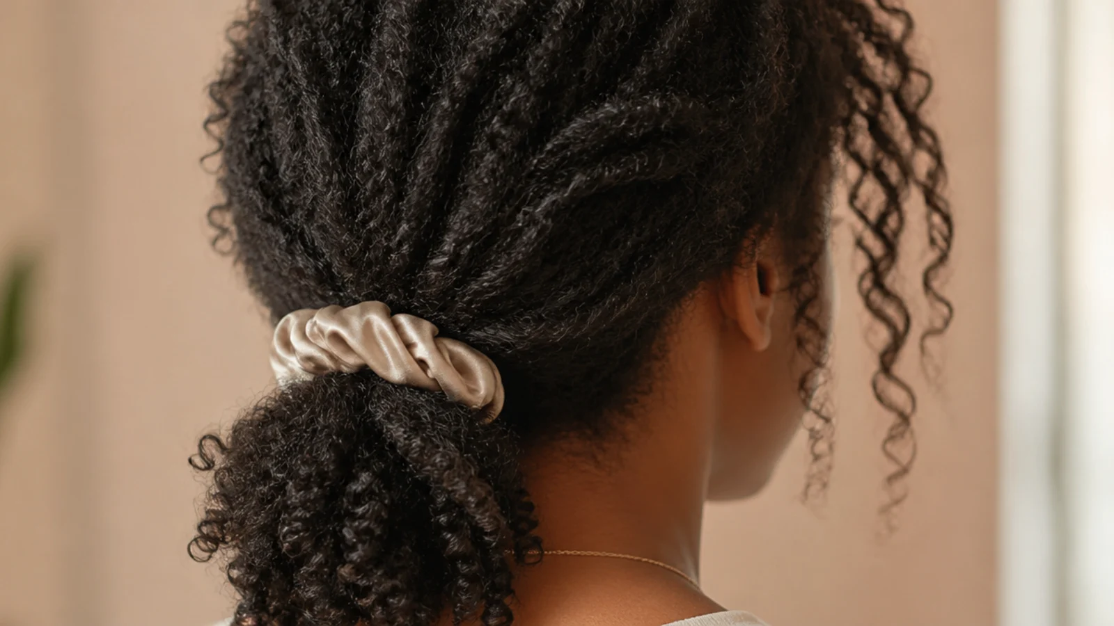 A satin scrunchie holding the base of a tightly coiled ponytail