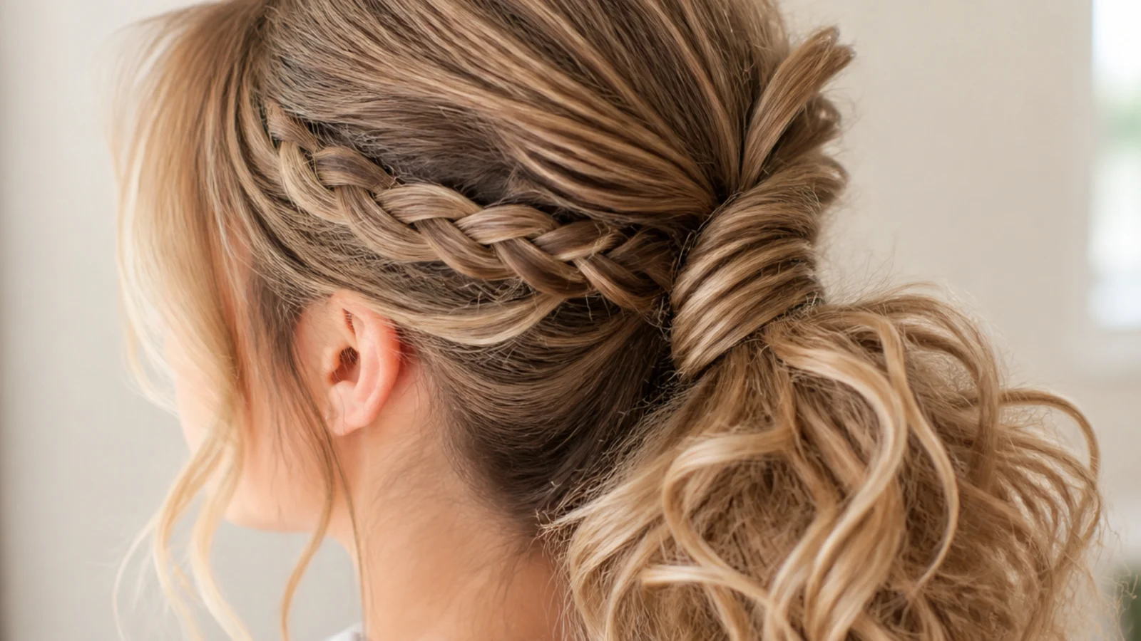 Braided sections leading back into the base of a curly ponytail