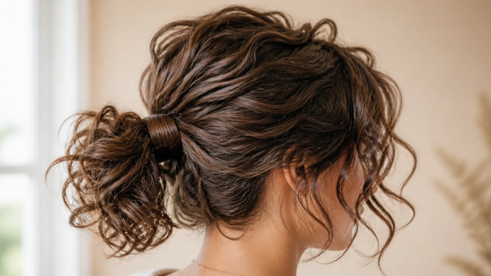 A short curly bob gathered into a small low ponytail