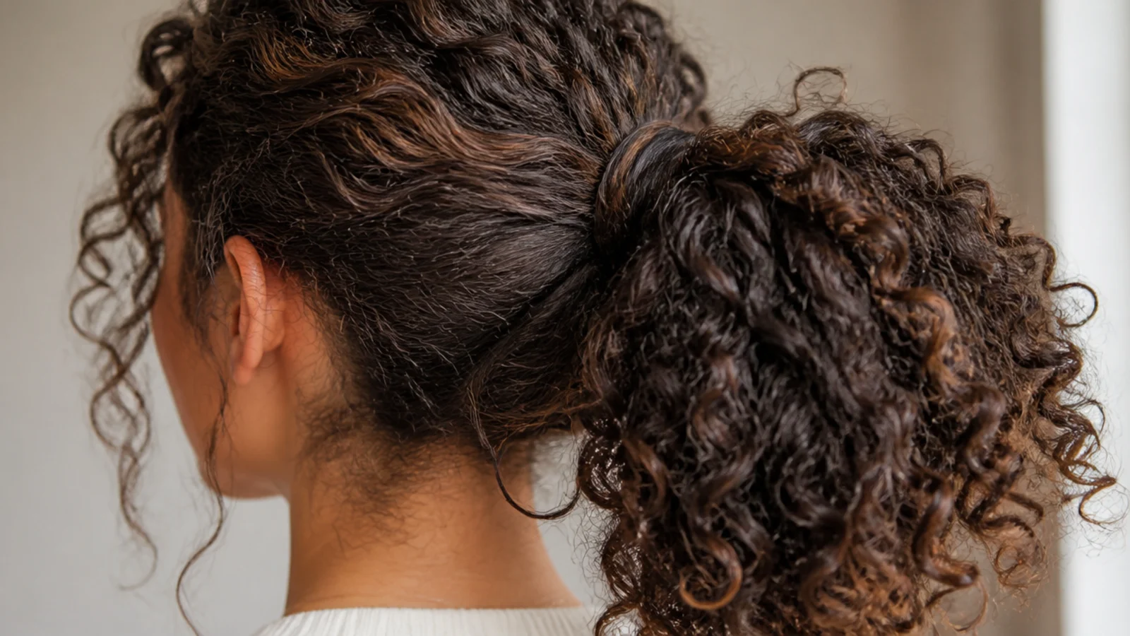 A high crown ponytail with dense curls falling outward