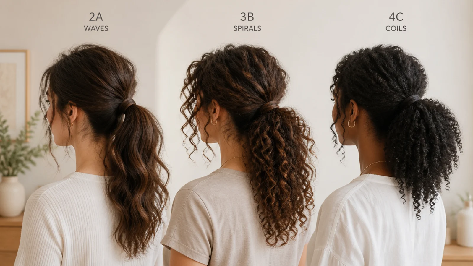 Four curl textures compared from a loose wave through to a tight coil