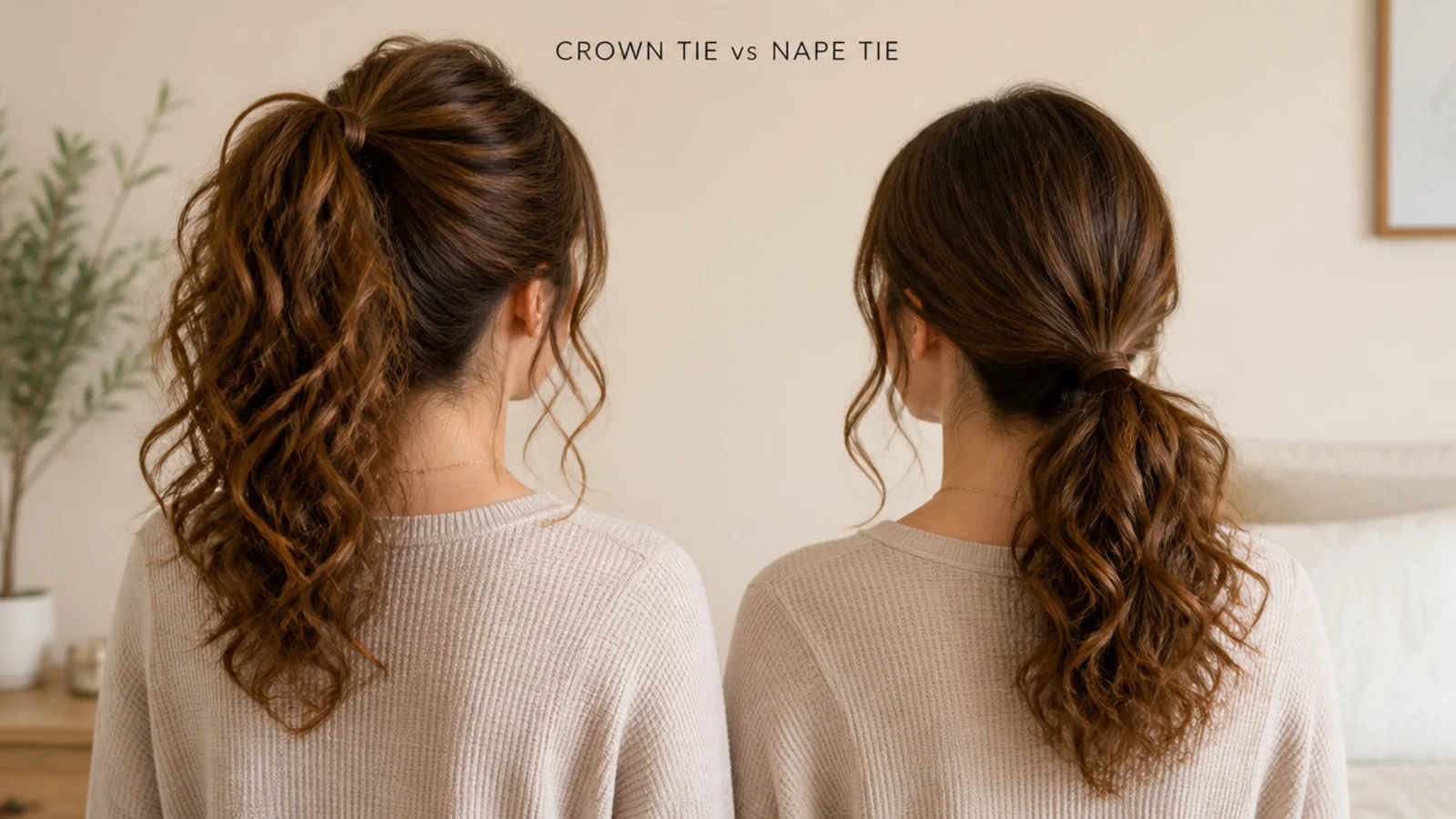 A high crown ponytail and a low nape ponytail shown side by side