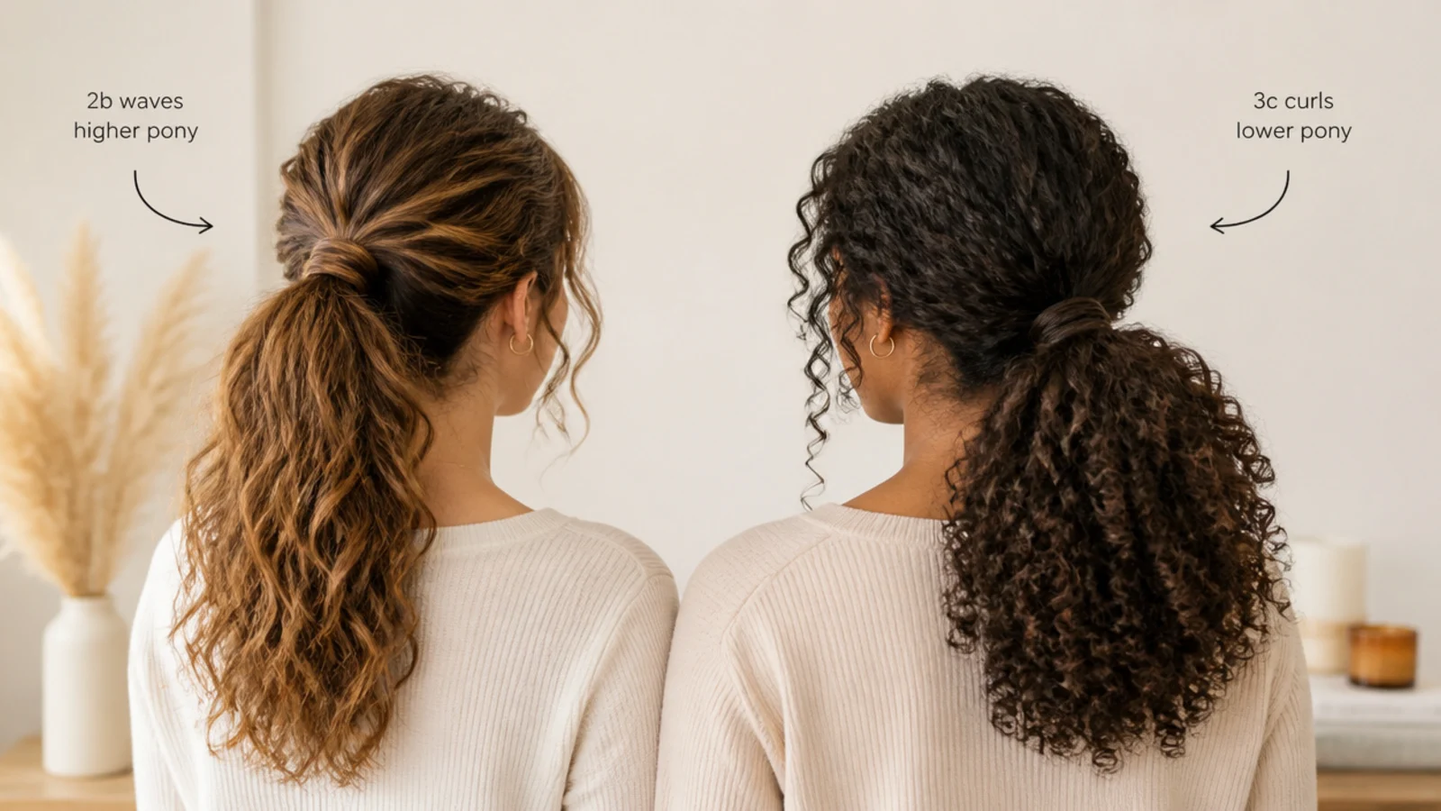 A fine curly ponytail and a very dense one compared at the tie point