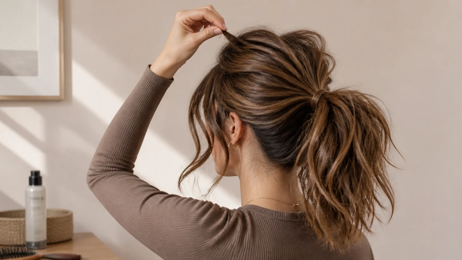 A curly ponytail being teased wider after being tied