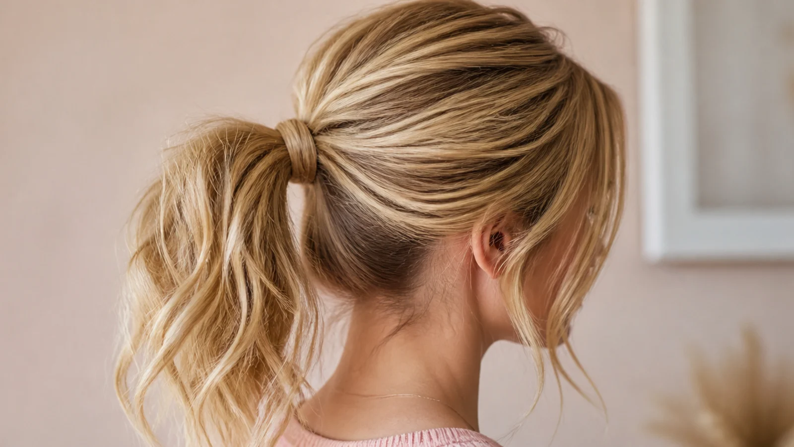 A quickly gathered ponytail with a softly bumped crown seen from behind